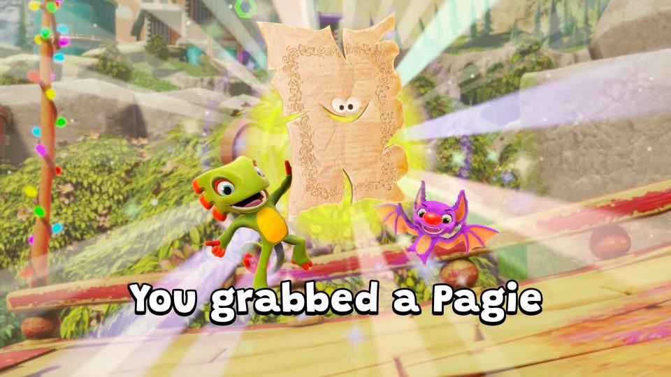 Yooka and Laylee collecting a Paggie, the main collectable of Yooka-Replaylee
