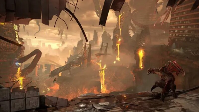 A broken destroyed doom eternal world with a creature looking into the distance