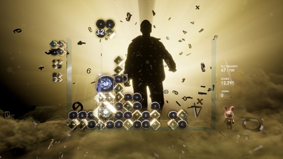 One of the many colorful boards present in Lumines Arise. Features a figure walking toward the screen with a radiant light in the background.
