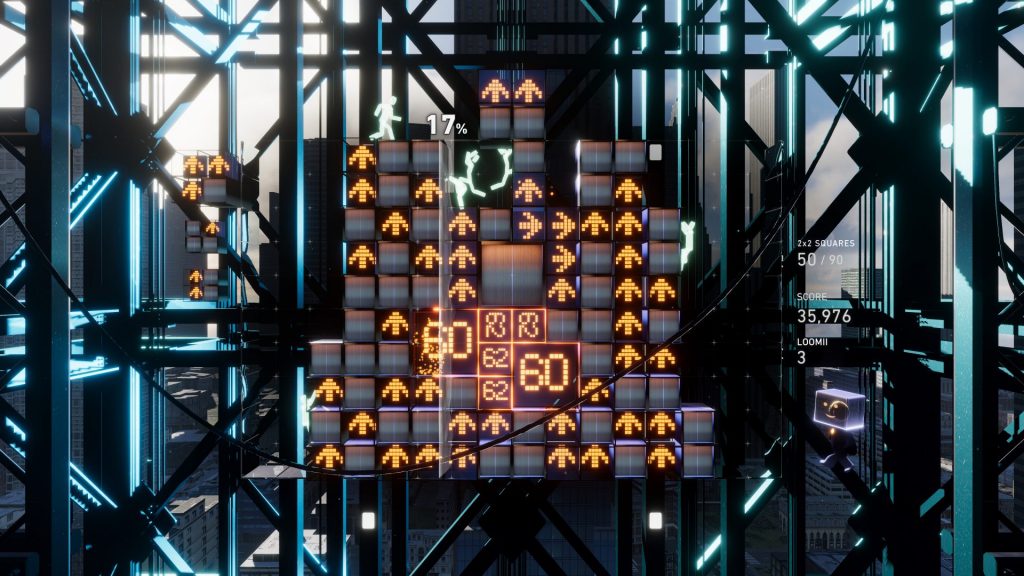 A striking board in Lumines Arise. Features a cybernetic theme with neon-lit numbers.