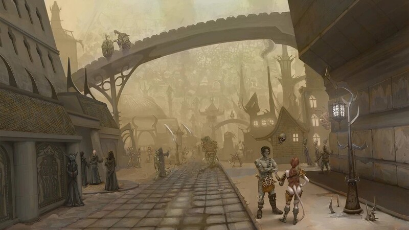 Multiple people of different fantasy races standing on a dark street conversing