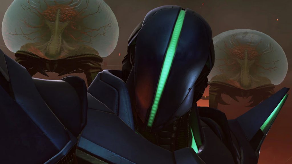 Sylux making is grand reintroduction after appearing before Samus in 'Prime 4', surrounded by Metroids and Space Pirate allies. He originally appeared in 'Prime 3' and 'Prime Hunters'