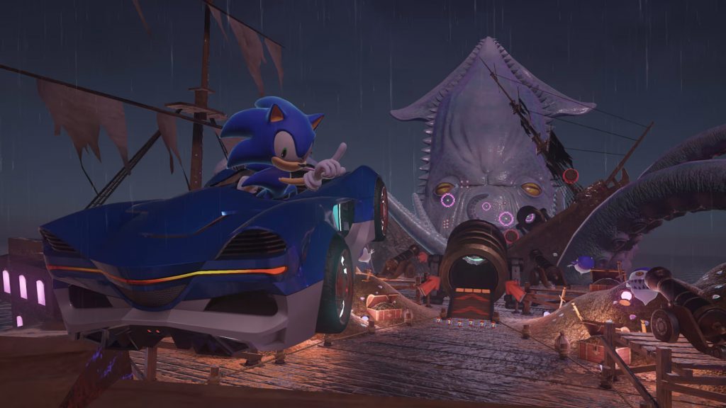 Sonic speeding through Kraken Bay, in Sonic Racing CrossWorlds Switch 2 Edition.