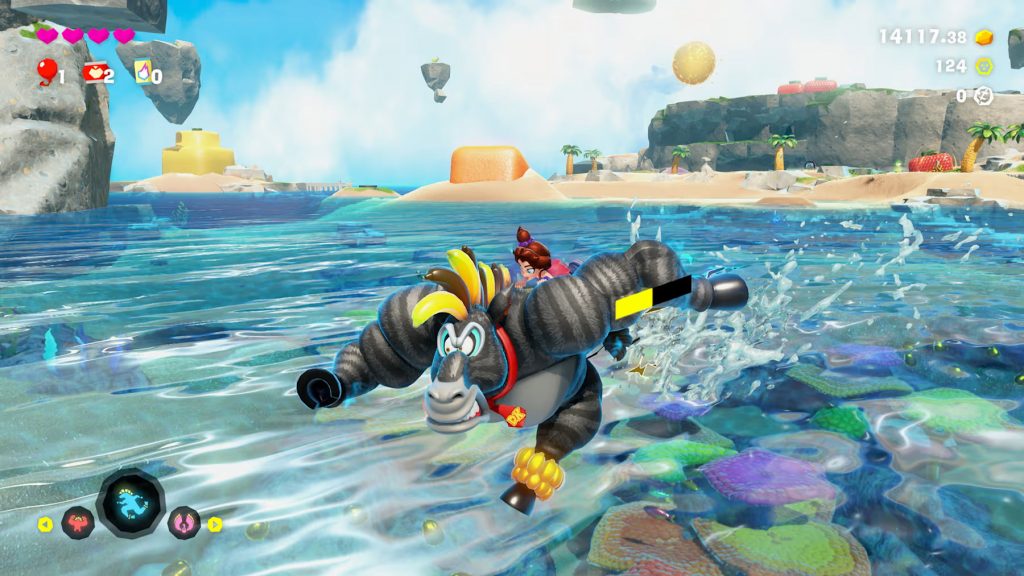 DK in his Zebra Bananza form running across a body of water.