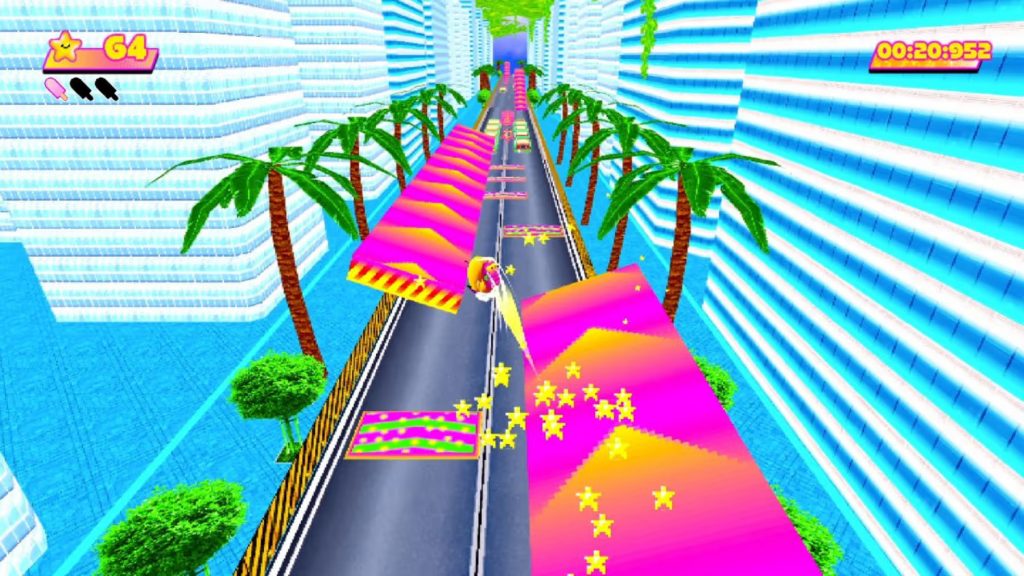 Toree using dash pads to speed through a busy road in 'Toree Saturn'.