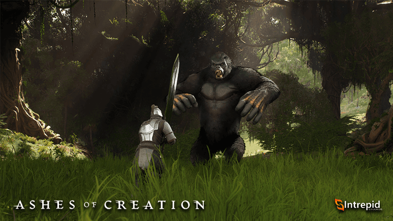 A gorilla standing up about to fight a warrior who wields a large sword in Ashes of Creation 