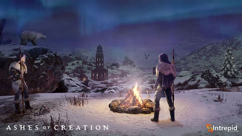 Player characters standing in a frozen area by a campfire in Ashes of Creation