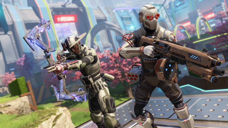 Two Apex Legends characters showing off outfits from battle pass