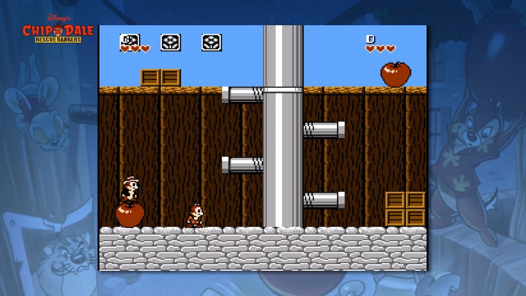 Chip & Dale running and jumping through danger in 'Rescue Rangers 1', a game included in the 'Disney Afternoon Collection'.