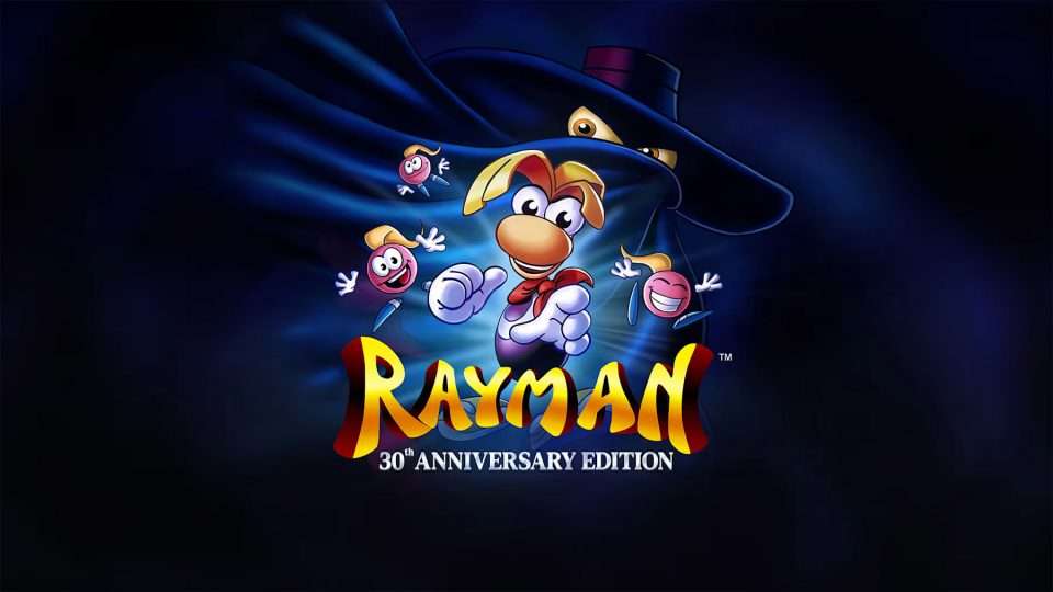Key art for Rayman 30th Anniversary Edition, showing Rayman, the Electoons, and Mr. Dark.