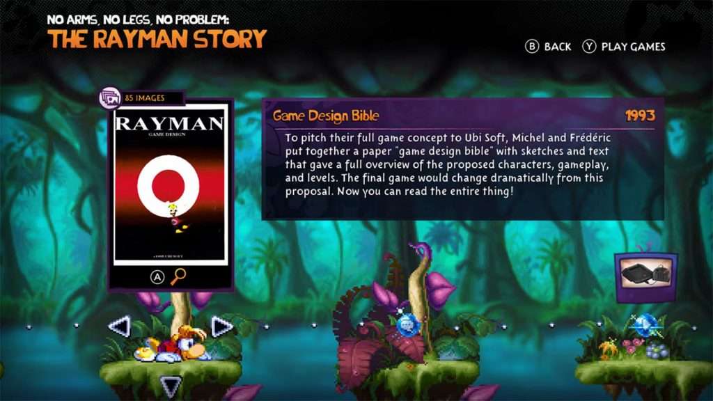 The Rayman Story, an interactive history section highlighting the limbless wonder's journey to release.