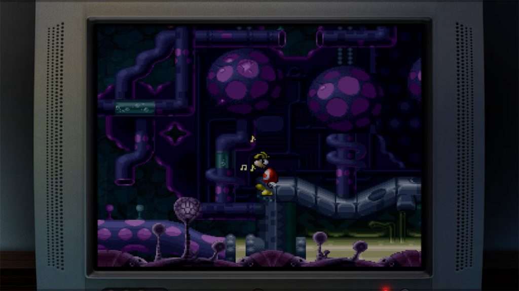 A more pudgy Rayman is chilling, enjoying the sights and sounds, in the first prototype of Rayman, not playable on modern platforms.