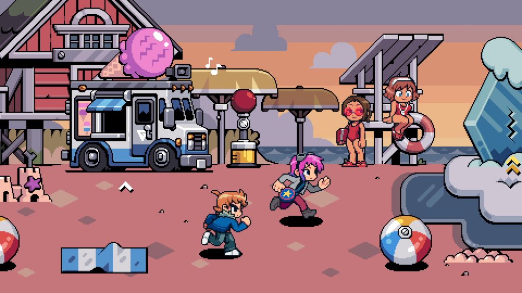 Scott and Romona running through a beach shore, in Scott Pilgrim EX