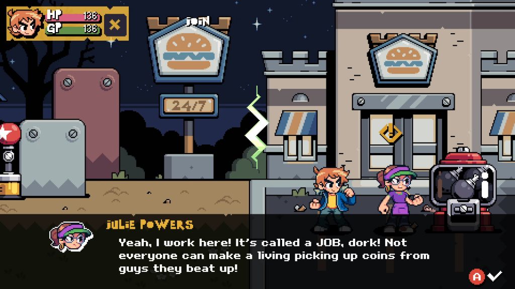 Scott chatting with one of the many NPC's spread throughout the world of Scott Pilgrim EX.