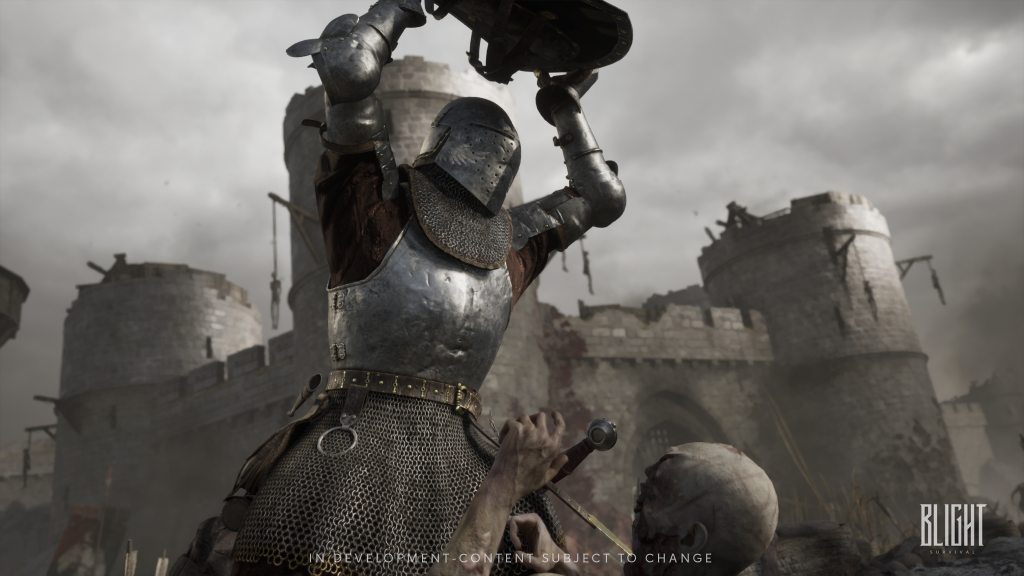 Writhen about to smash a zombie's head with his shield as a finishing move