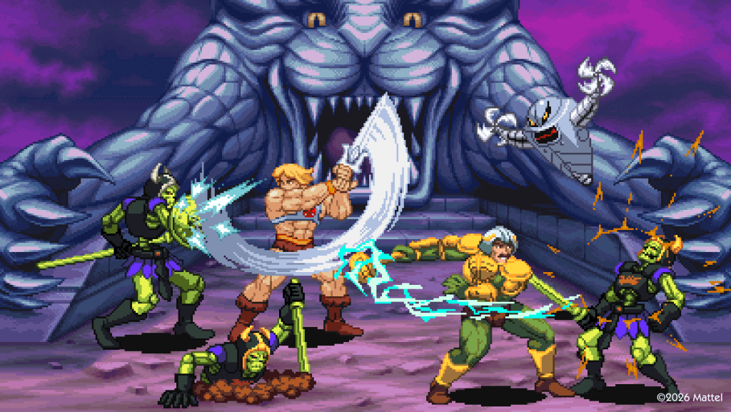 He-Man and Man-at-Arms attacking minions of Skeletor in-game.