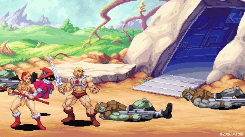 Animated GIF of the Master's of the Universe handling Skeletor's Minions. He-Man, Man-at-Arms, Teela, She-Ra and Orko all present.