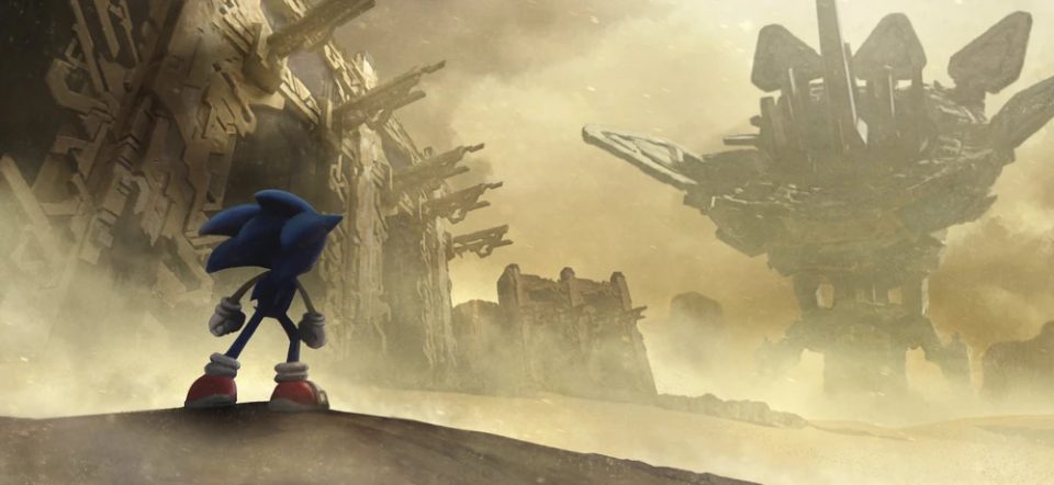Sonic standing in Area Island from Sonic Frontiers, looking at one of the massive bosses on the horizon.