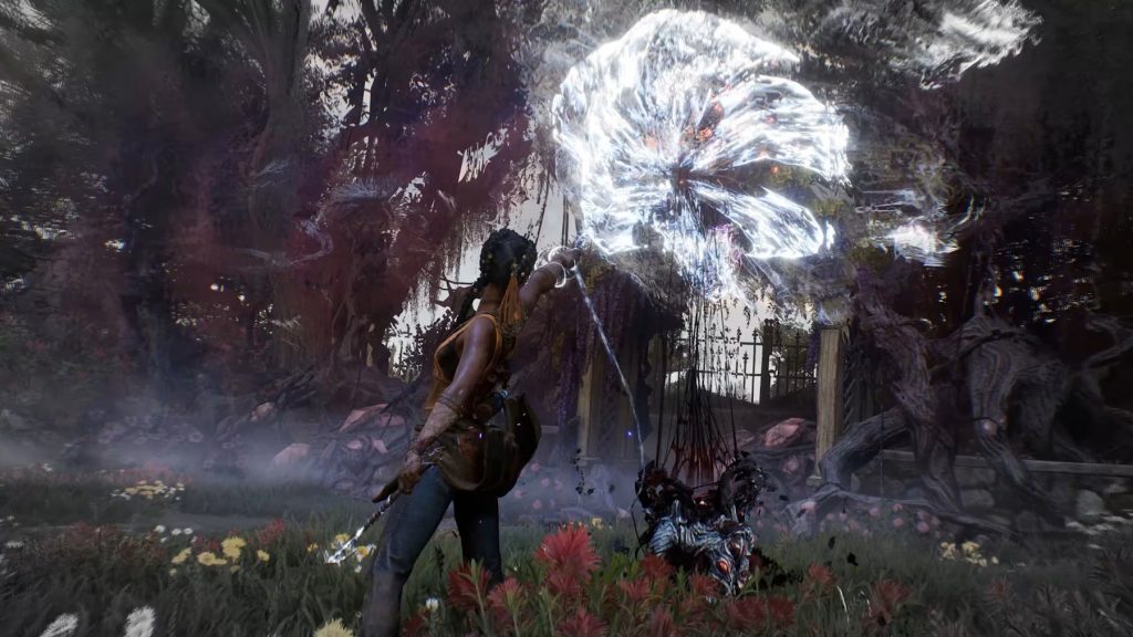 Hazel fighting her way through South of Midnight on Switch 2.