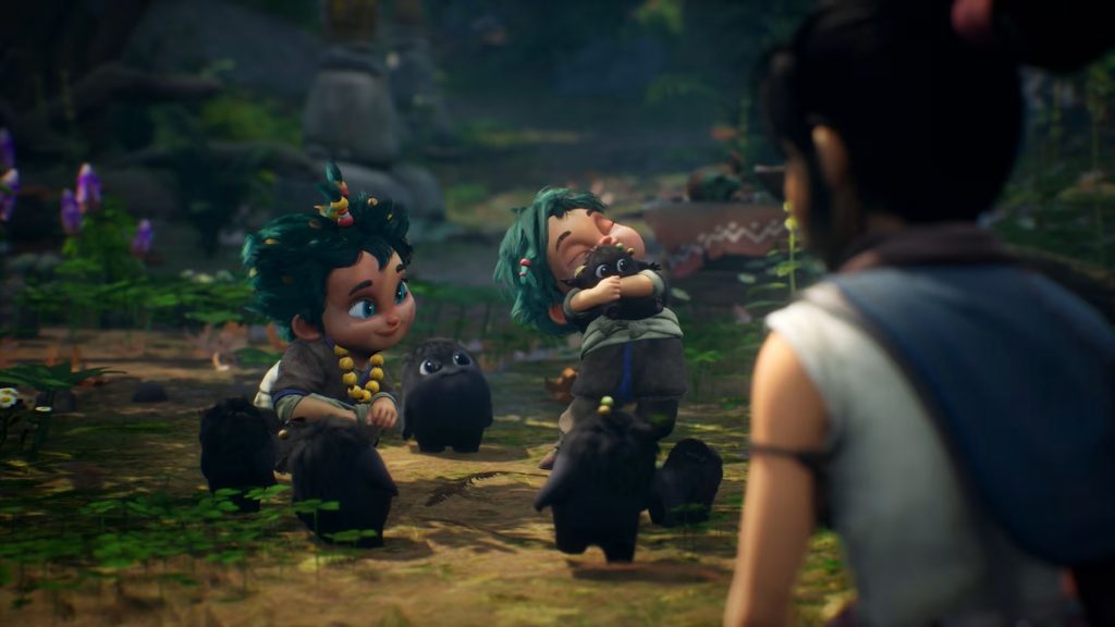 Kena talking with some NPC's, showing them her Rot allies.