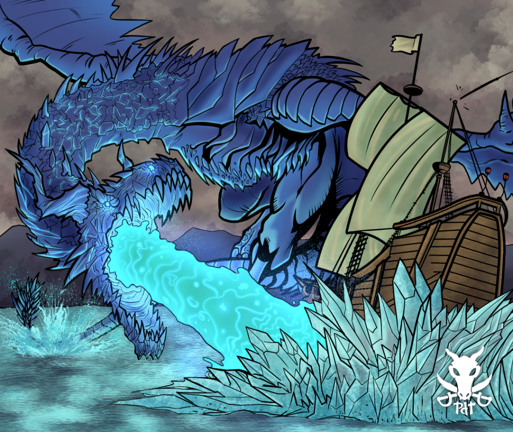 image of a blue dragon breathing ice flames at a pirate ship