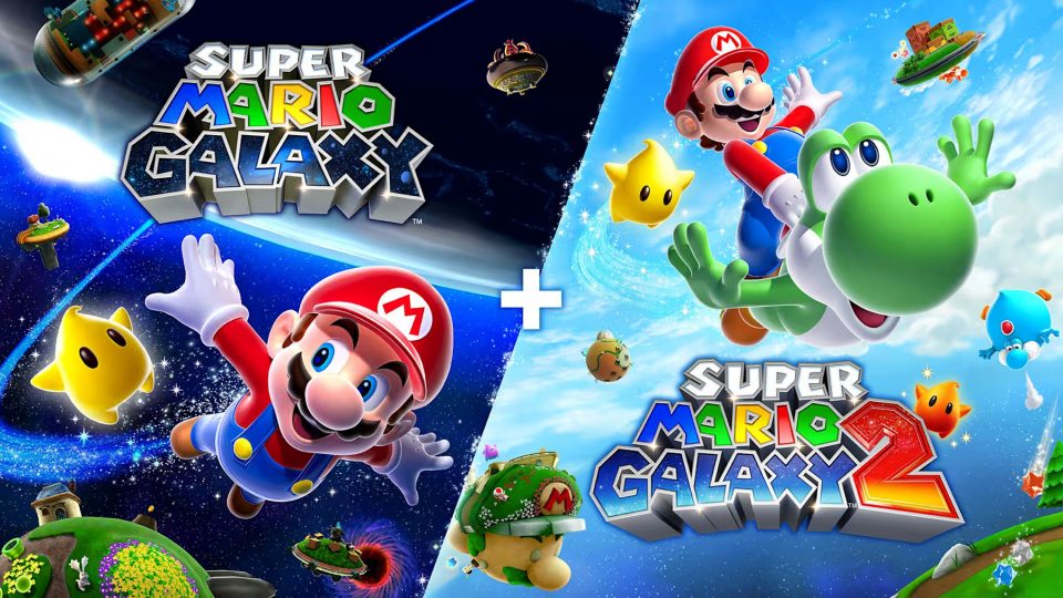 Key art for 'Super Mario Galaxy 1 + 2' double pack on Switch 1 & Switch 2.