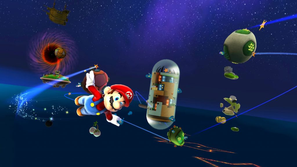 Mario flying through Good Egg Galaxy in 'Super Mario Galaxy 1'.