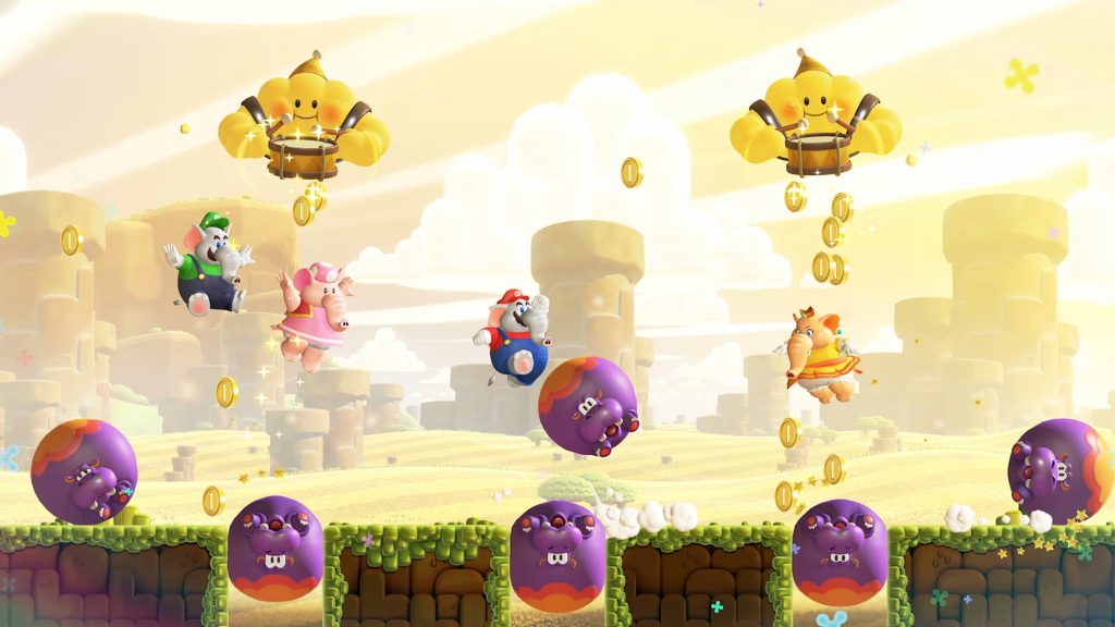 Mario and friends rushing to collect all the gold coins in Mario Wonder's new SW2 Edition multiplayer modes.