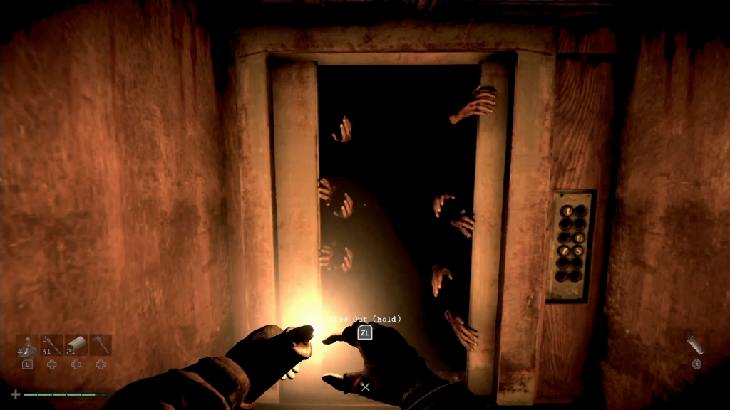 Tyler doing his best to fight the madness around him, which manifests as a swarm of hands on some walls.