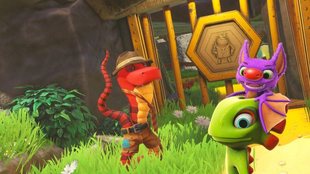 Yooka and Laylee talking to a friendly ally in 'Yooka Replaylee' on Nintendo Switch 2.