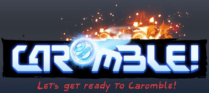 caromble logo with flames in the background