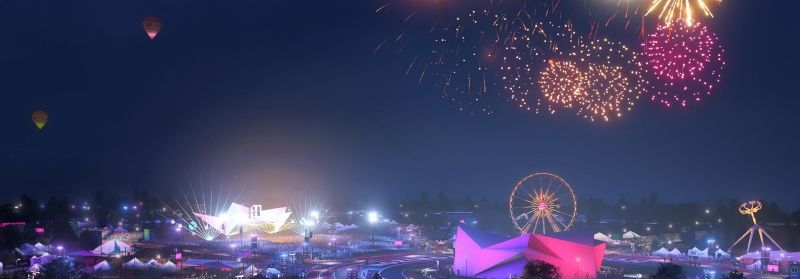 Horizon Festival at night with fireworks and bhot air ballon in backdrop