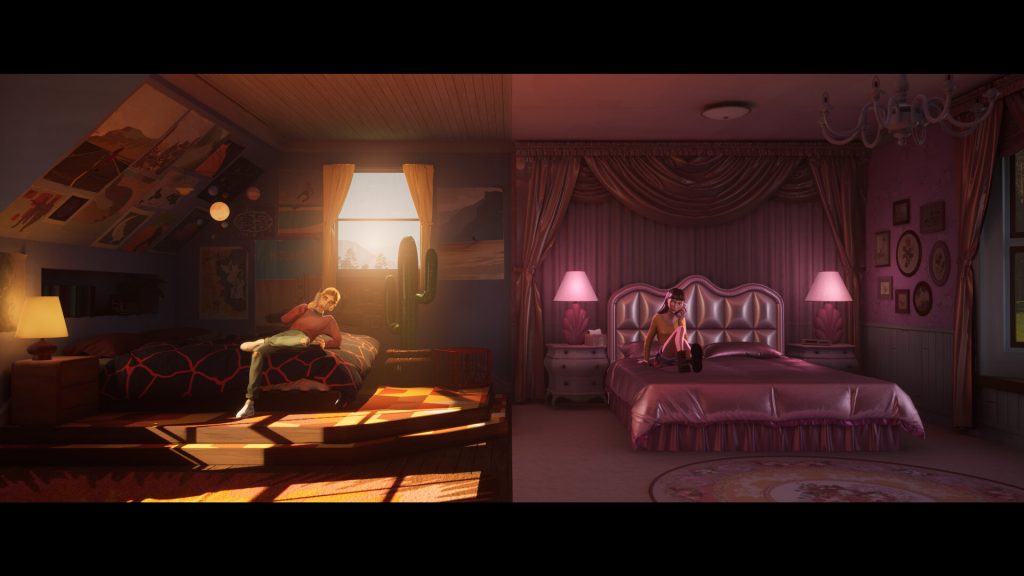 Stacy and Cass having a talk with one another, showing both their rooms at the same time.