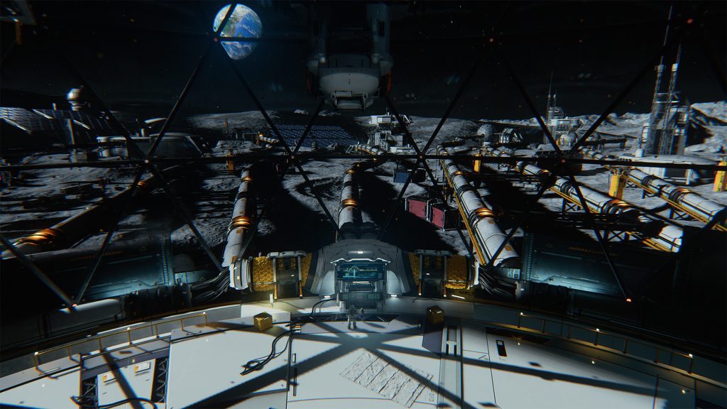 Hugh and Diana looking at the massive Cradle Moon base, with a stunning vista of Earth in the background.