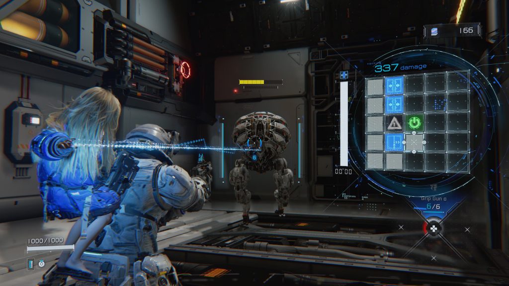 Diana showing off her hacking skills in 'Pragmata', exposing bot weakpoints for Hugh to shoot at.