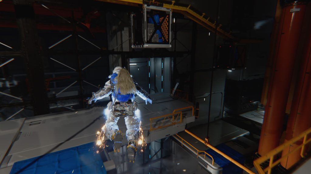 Hugh using his space suit to hover in the air. He can also dash using his thrusters to avoid bots and reach further distances.