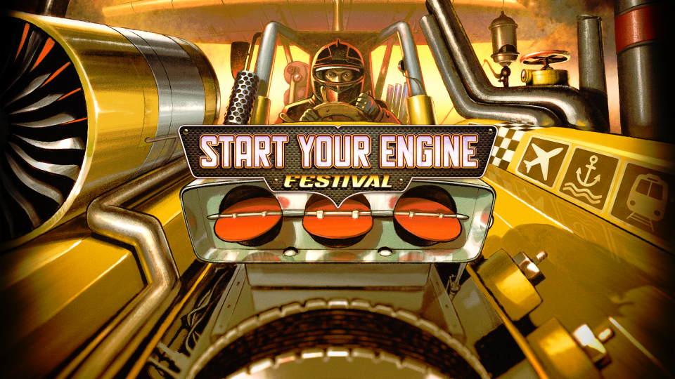 Key art for the 'Start Your Engine' festival, a celebration of indie games using cars, planes, and more!