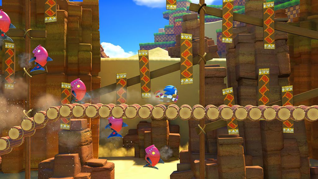 Classic Sonic running through a sandy Green Hill in 'Sonic Forces'.