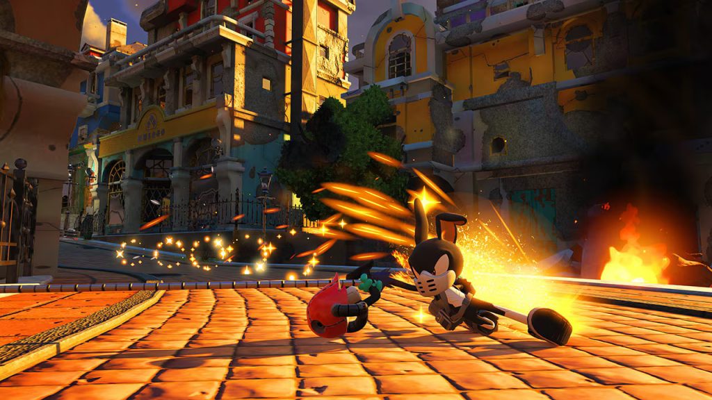 The player Avatar running through Park Avenue, using his grapple hook to drift around a corner.