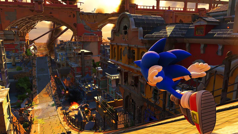 Sonic speeding through Sunset Heights from 'Sonic Forces'.