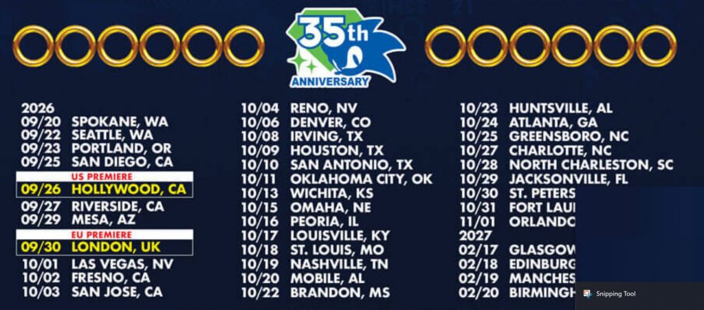 The full tour dates for Sonic Live.