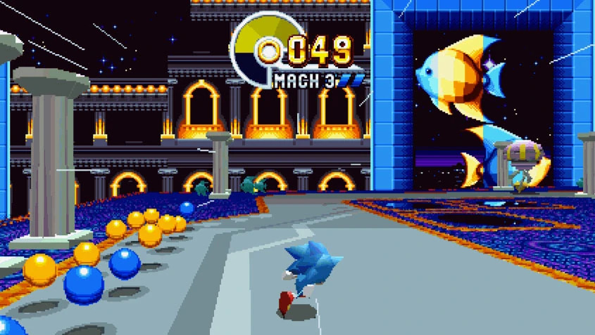 Sonic running through one of the game's seven 3D special stages, hunting for that allusive Chaos Emerald.