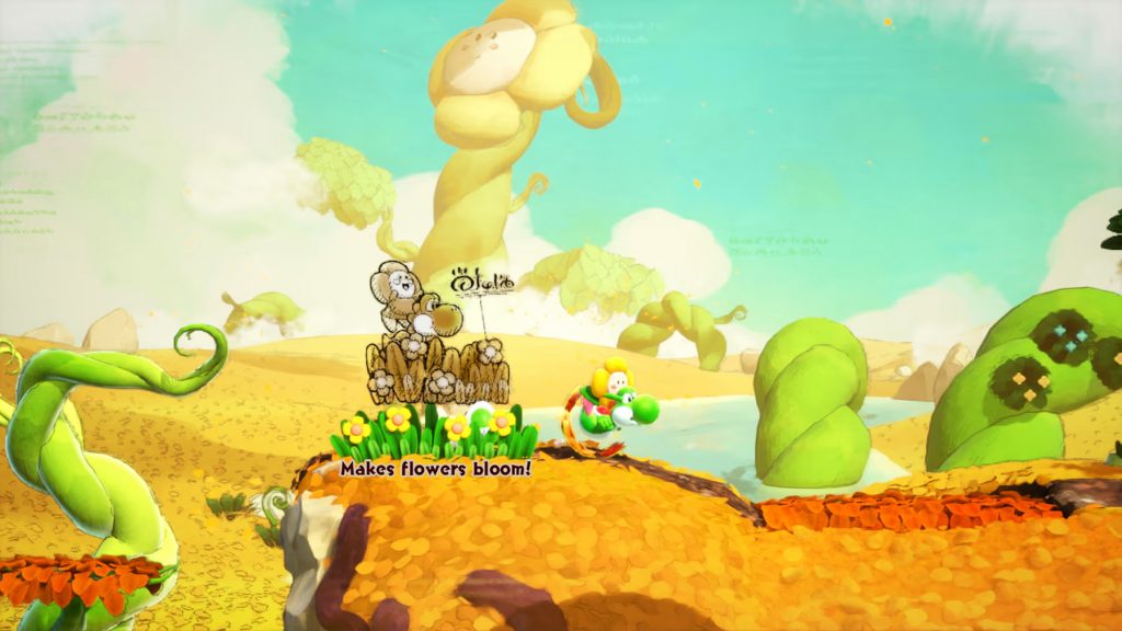 Yoshi and a Flower Buddy running along in an early level of 'The Mysterious Book'.
