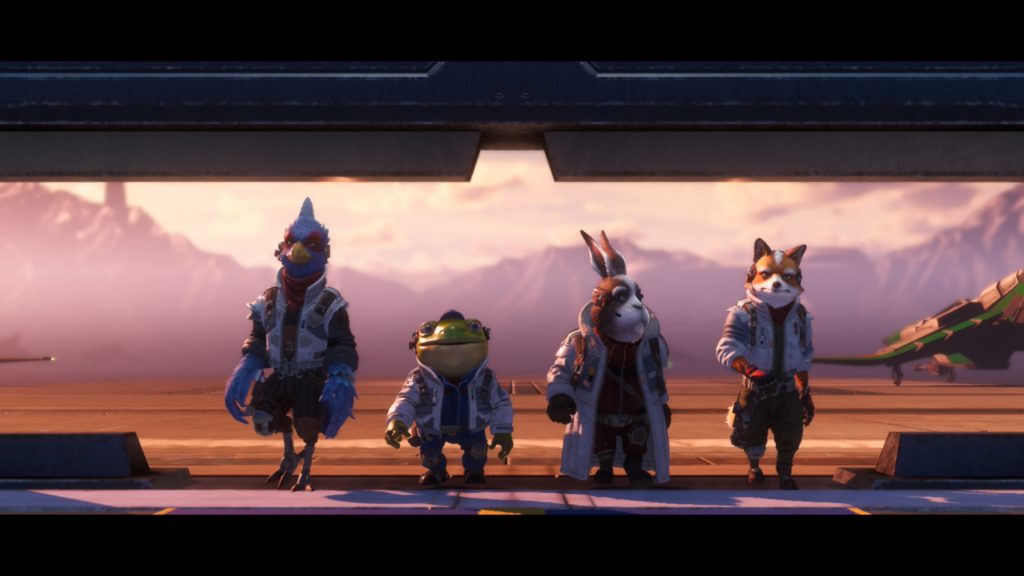 The Star Fox crew featuring Fox McCloud, Peppy Hare, Slippy Toad and Falco Lombardi