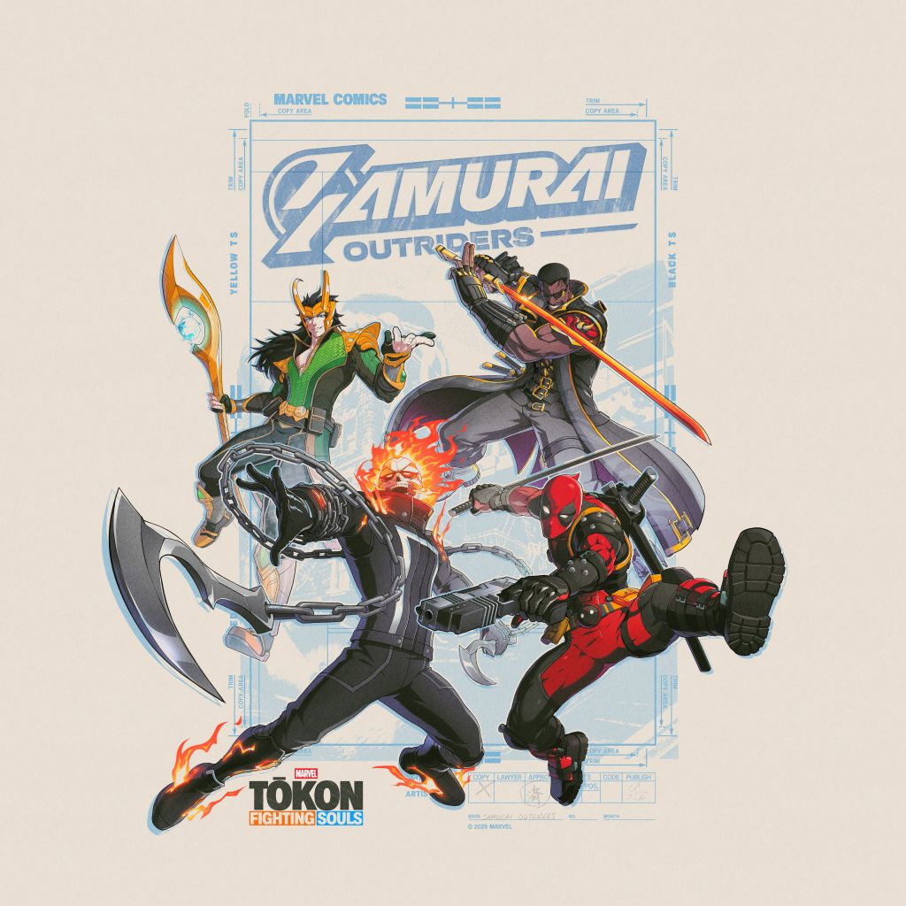 Key art for the unlikely team of Loki, Deadpool, Blade and Ghost Rider. They are the Samurai Outriders!