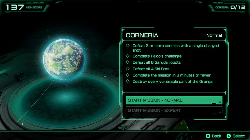 Challenge Mode objectives detailed for Corneria level showing a hologram of the entire planet 