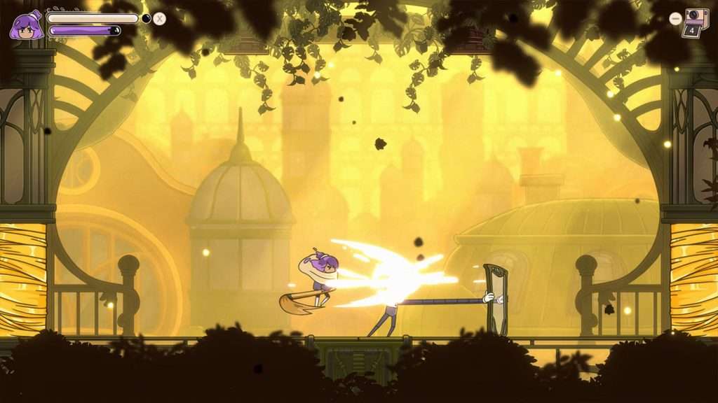 Attacking from behind, Constance uses her massive paint brush to fight robotic foes in her way.