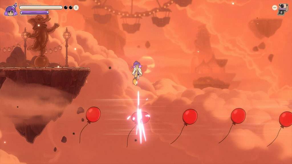 Constance using her downward stab to pop balloons and progress onward through a busy carnival.