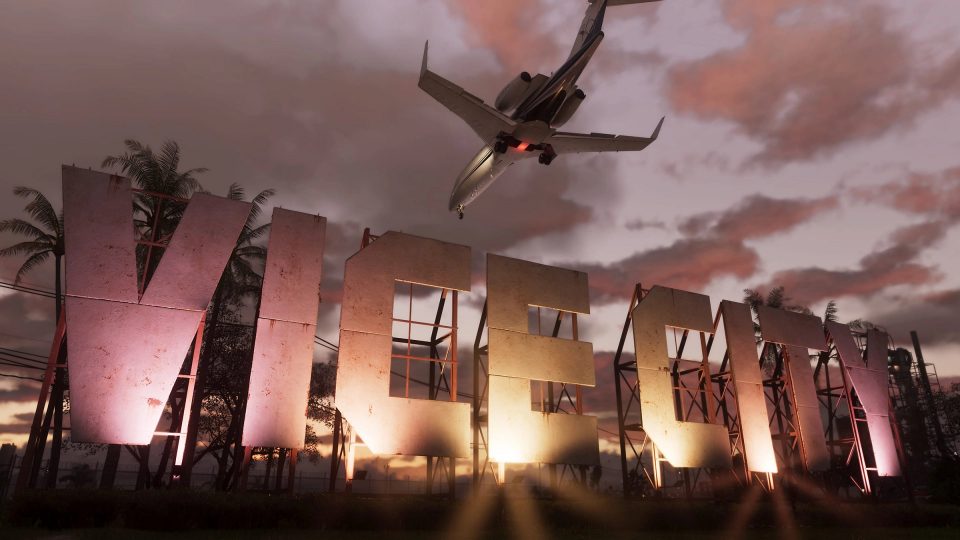 A panning shot of flying over Vice City in 'GTA VI'