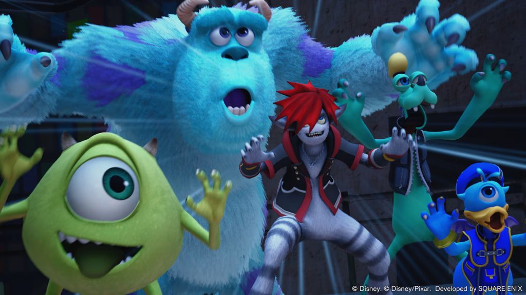 Sora and friends team up with Sully and Mike to fight off monsters in KH3, running on Switch 2.